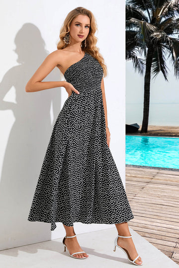 Um Ombro Preto Estampado Vestido de Verão